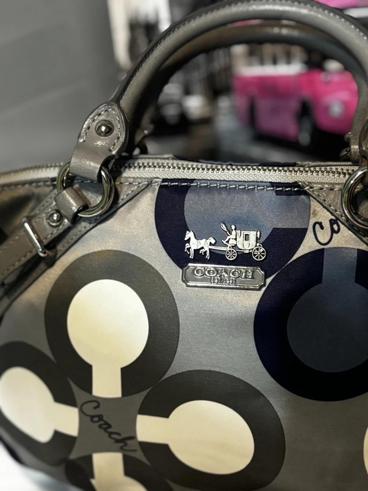 Borsa Coach Madison Sophia Clover Logo • Raso e Pelle Grigio Blu 15946 Us intime Ottimeioni