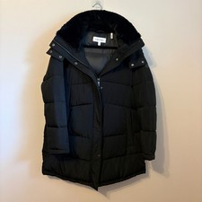Black Puffer Coat Faux Fur Hood Hooded Quilted Winter Coat Luxe L