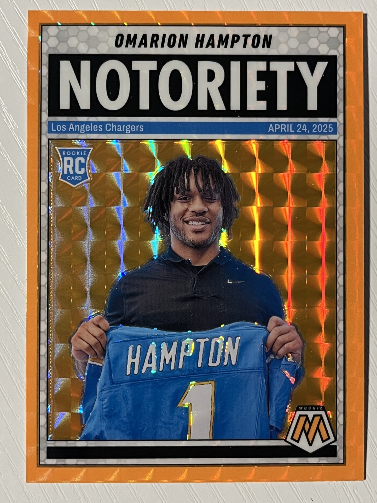 Omarion Hampton 2025 Panini Mosaic Notoriety Orange Fluorescent #20 Chargers
