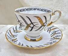 RARE High End Tuscan Black & Gold Leaves Teacup & Saucer Set English Bone China 