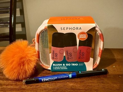 Sephora Bundle ~ 3 Liquid Blushes with Cosmetic Pouch and Blue Eyeliner Pencil