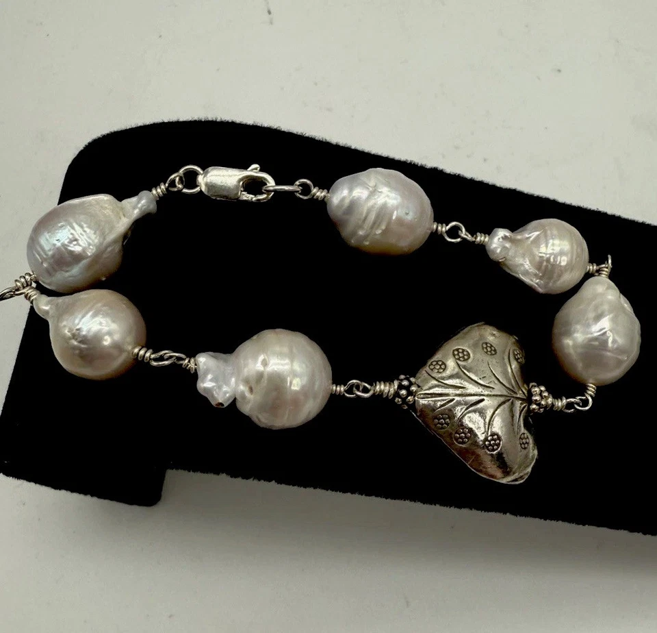 Pulsera de plata de ley 925 corazón y perlas barrocas talla 8 hecha a mano 25,28 g ☼ Foto 2 de 4