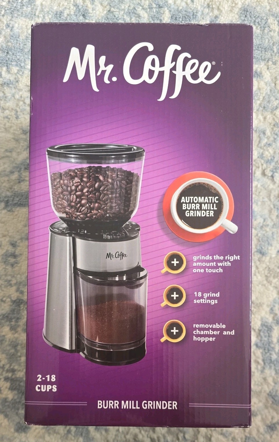 Mr Coffee Automatic Burr Mill Grinder with 18 Custom Settings in Silver