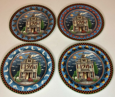 4 HAUNTED HOUSE Dessert Salad Plates Halloween Decor Pumpkin Ghost Debbie MUMM