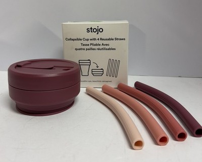 Stojo Collapsible Cup With 4 Straws Mauve/Rose New In Box! 12 Oz.