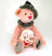 OOAK artist teddy bear vtg pink mohair Halloween clown mask Cindy Anschutz 16"