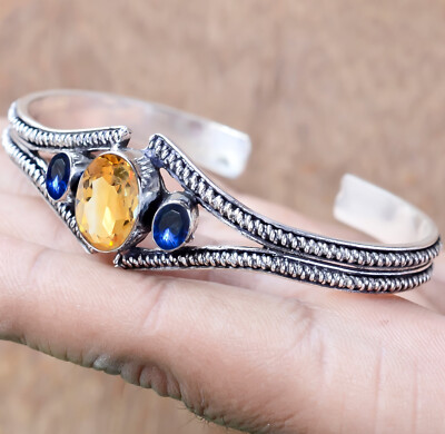 Citrine Oval Cut & Tanzanite Gemstone 925 Sterling Silver Cuff Unisex Bangle