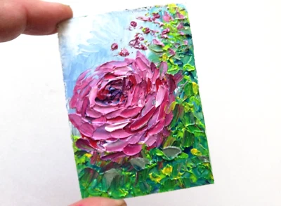 Abstrakt Rose Blumen Ölgemälde. Miniature Lila Blumen.Ohne Rahmen.64x89 mm - Bild 1 von 4