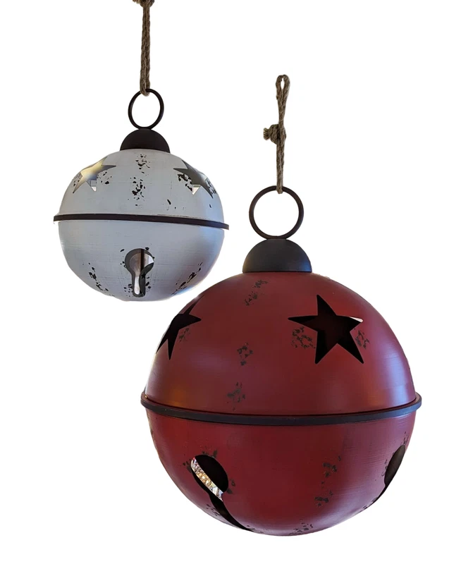 Set 2 Campane Palle Giganti Grandi NATALE Sfere Bianco Rosso Metallo Natalizie