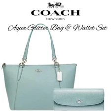 COACH AVA TOTE BAG IN GLITTER AQUA BLUE LEATHER F11900 AND F11835 WALLET SET