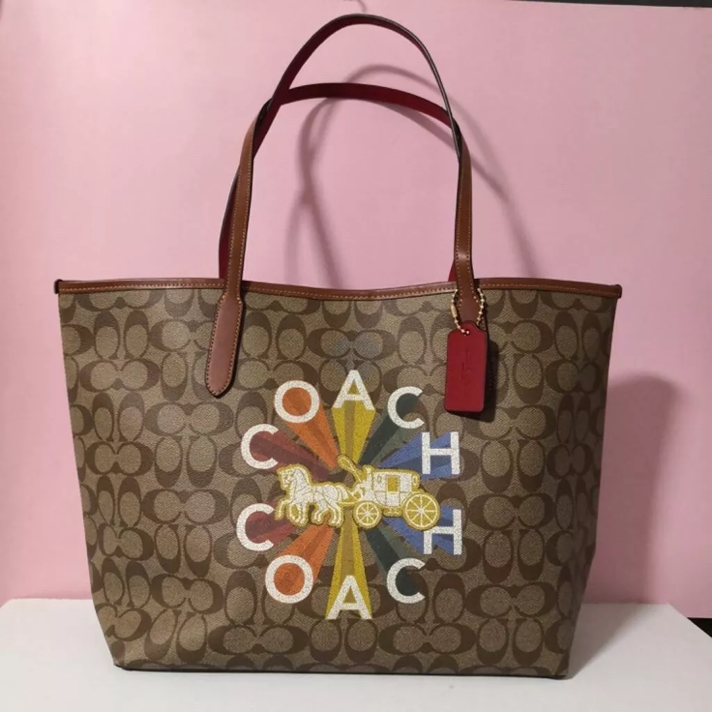 New COACH CITY TOTE IN SIGNATURE CANVAS WITH COACH RADIAL RAINBOW C6813 350