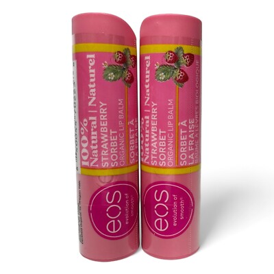 2 Pack Eos 100% Natural & Organic Lip Balm Stick - Strawberry Sorbet 0.14 oz NEW