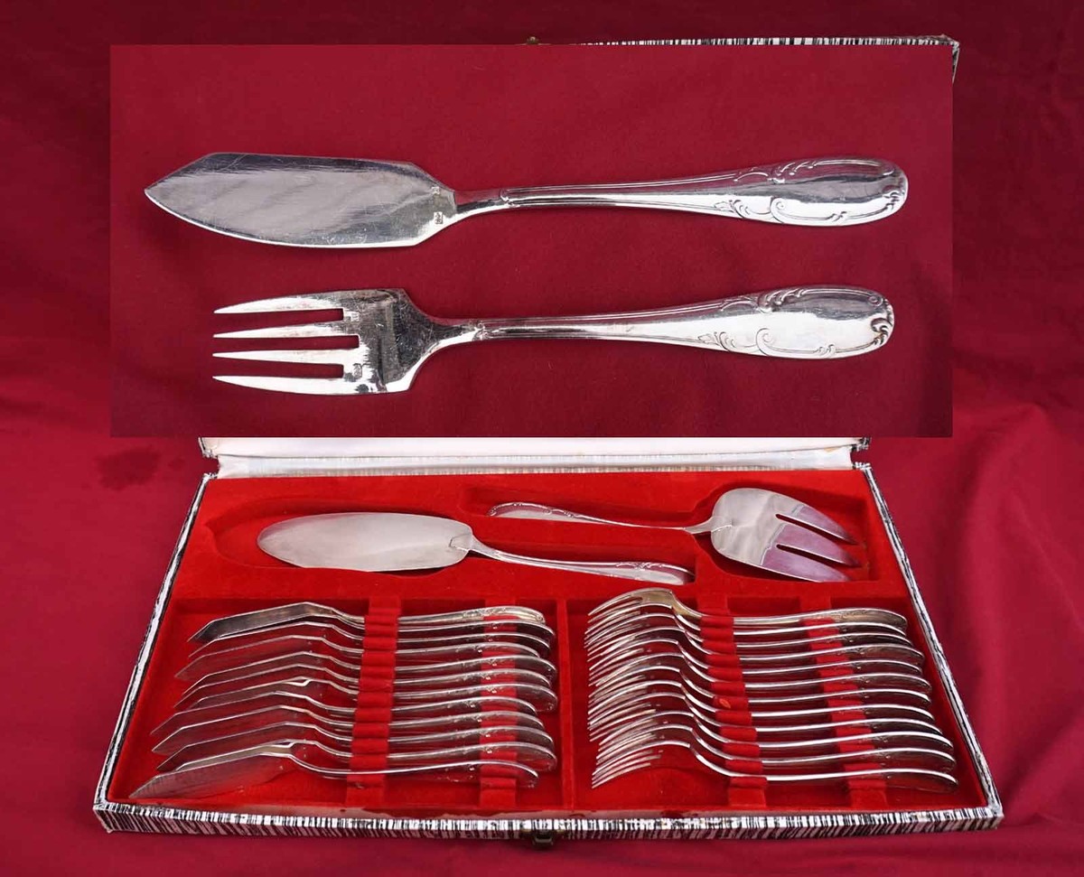 French Silver PLate Louis XV Style Fish Flatware for 12 Serving