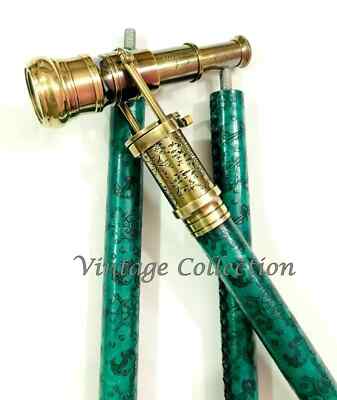 Dollond London Brass Hidden Telescope Leather Walking Stick with Compass on Top