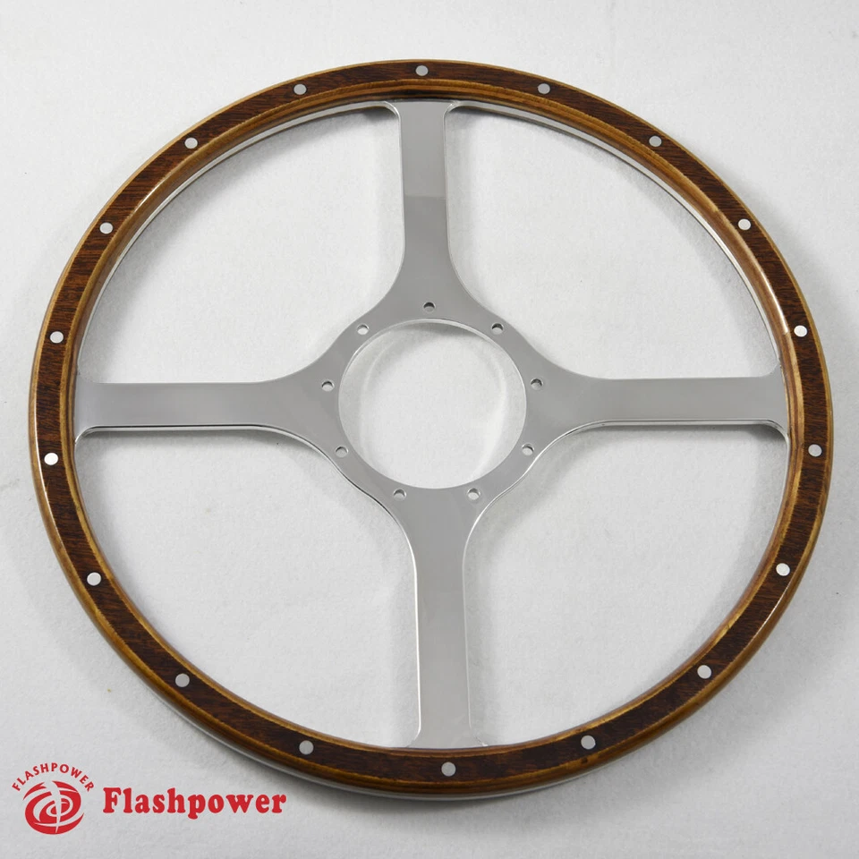 16" Classic Riveted Wood Steering Wheel Horn Button MGTriumph Jaguar Marine Boat - Image 2 of 4