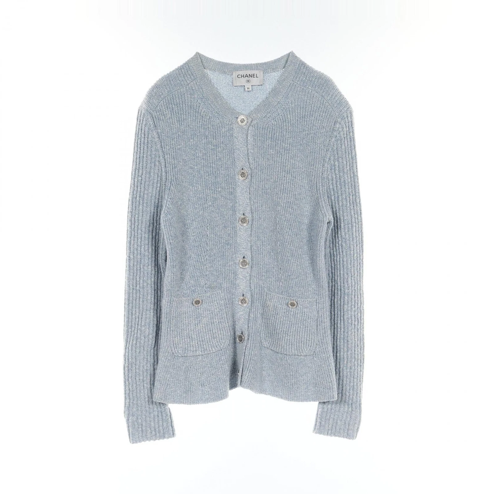 CHANEL Cardigan Bottone Leone Maglia P74623 Tessuto Seta Cupra Blu Usato Do