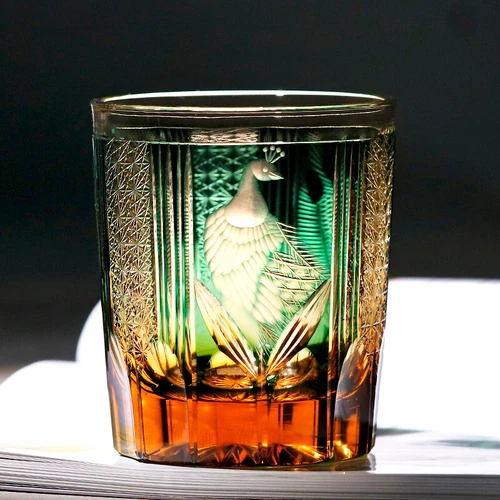 Amber Green Whiskey Glasses Japanese Style Hand Cut Crystal Kiriko Glass 8.5oz - Picture 3 of 12