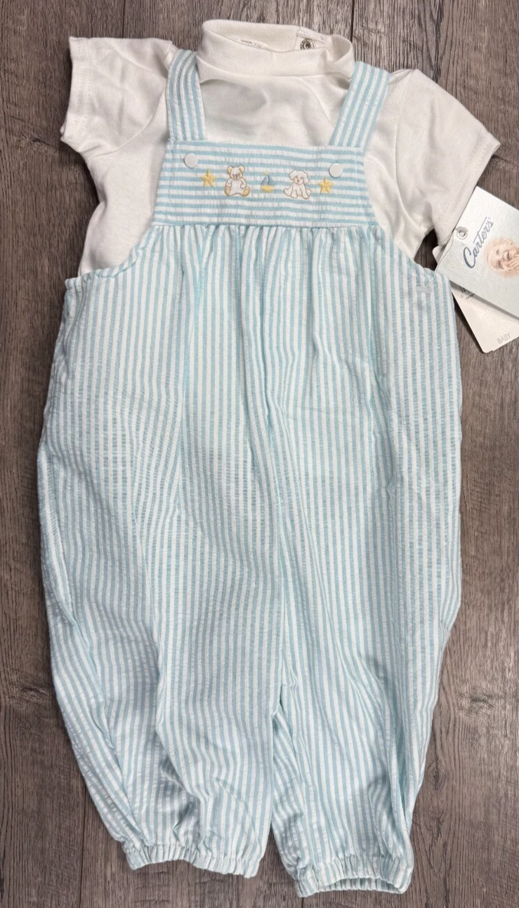 Baby Boy Clothes New Vintage Carter's 6-9 Month Blue Bear 2pc Overalls Outfit