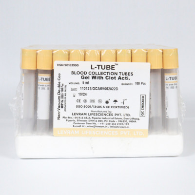Gel with Clot Activator Non Vacuum Blood Collection Tube - 5ml 75 mm Pack of 100