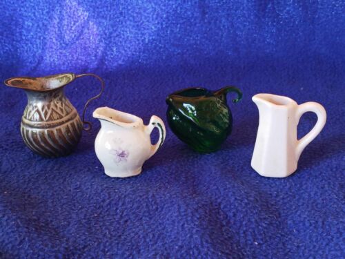 Vtg.Dollhouse miniature pitchers Includes 1-metal, 1-green glass and 2 porcelain - Picture 1 of 1
