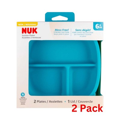 NUK Suction Plates and Lid, Assorted Colors, 2 Pack, 6+ Months Dishwasher-safe