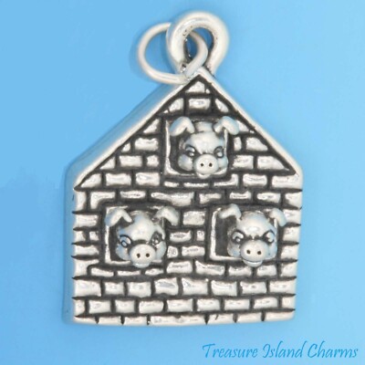 Three Little Pigs in Brick House 925 Sterling Silver Charm Pig Big Bad Wolf