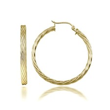 Gold Flash Sterling Silver 3mm Twist Design Polished Hoop Earrings, 30mm