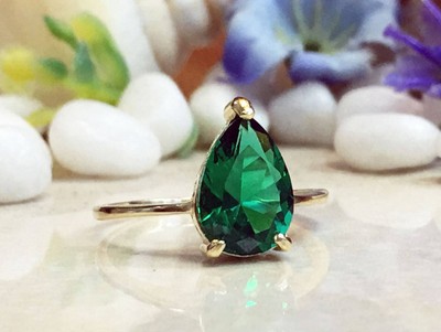1ct Pear Natural Emerald Classic Solitaire 14k SOLID Yellow Gold Engagement Ring
