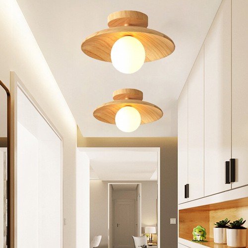Nordic Wooden Ceiling Light Saucer Shade Semi Flush Mounted Bedroom Porch Lamp - Picture 3 of 14