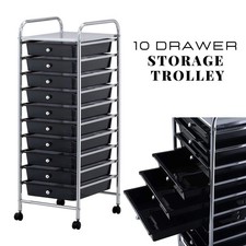 10 Drawer Storage Trolley Organiser Wheels Salon Home Office Stationary Black