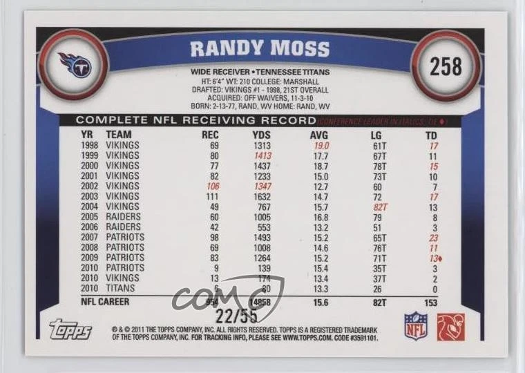 2011 Topps Black /55 Randy Moss #258 HOF - Image 2 of 2