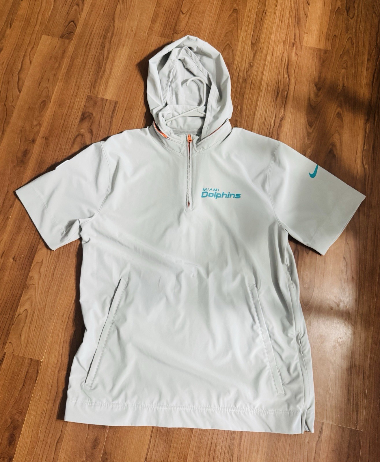 Men’s Nike Gray Miami Dolphins 2024 Short Sleeve Hoodie Sideline Coach Jacket Lg