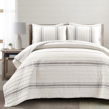 Farmhouse Stripe Reversible Cotton Quilt Queen Size 3 Piece Set Full/Queen Gray