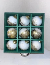 9-NWT DOFT STUDIO WHITE AND GOLD FOIL GLASS ORNAMENTS