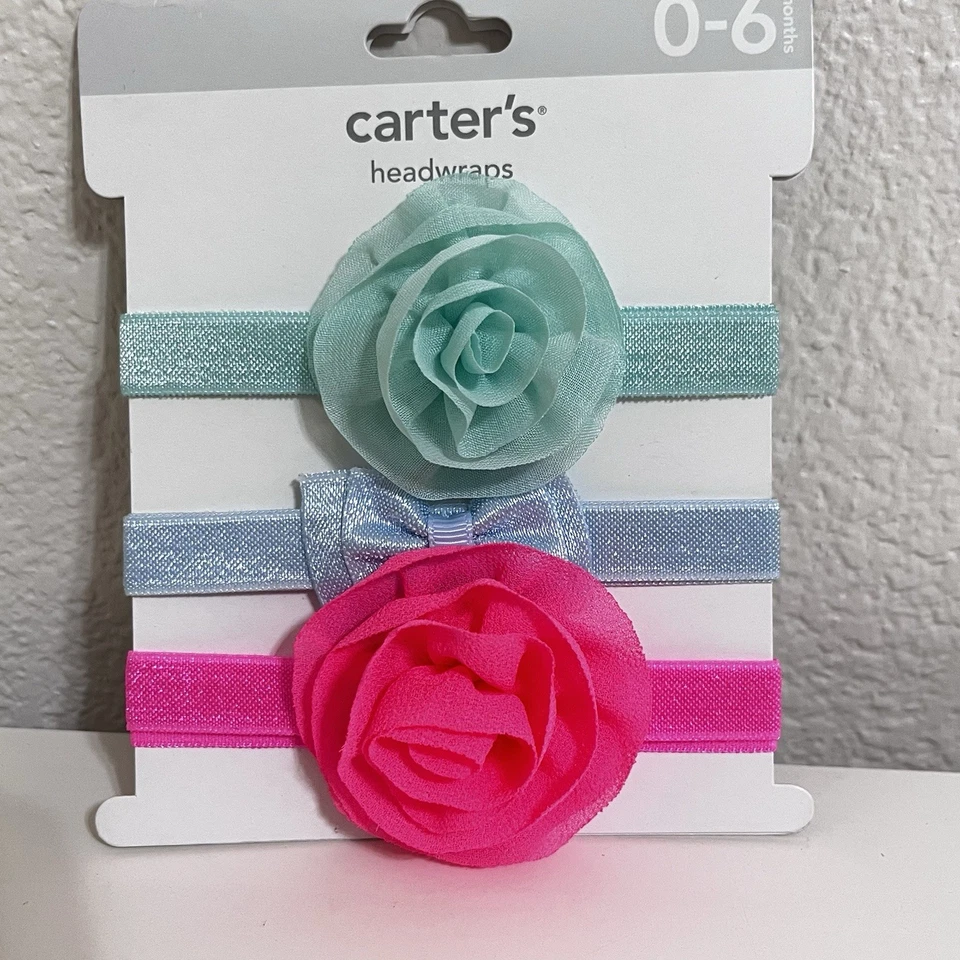 Carter's Headwraps Diademas Conjunto de 3 Flores Lazo Elástico Niñas 0-6 Meses NUEVO Foto 2 de 3