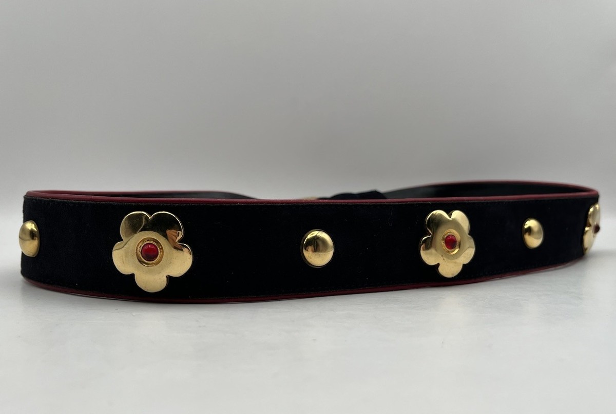 Vintage ESCADA Black Suede Leather Belt Red Accents Studded Gold