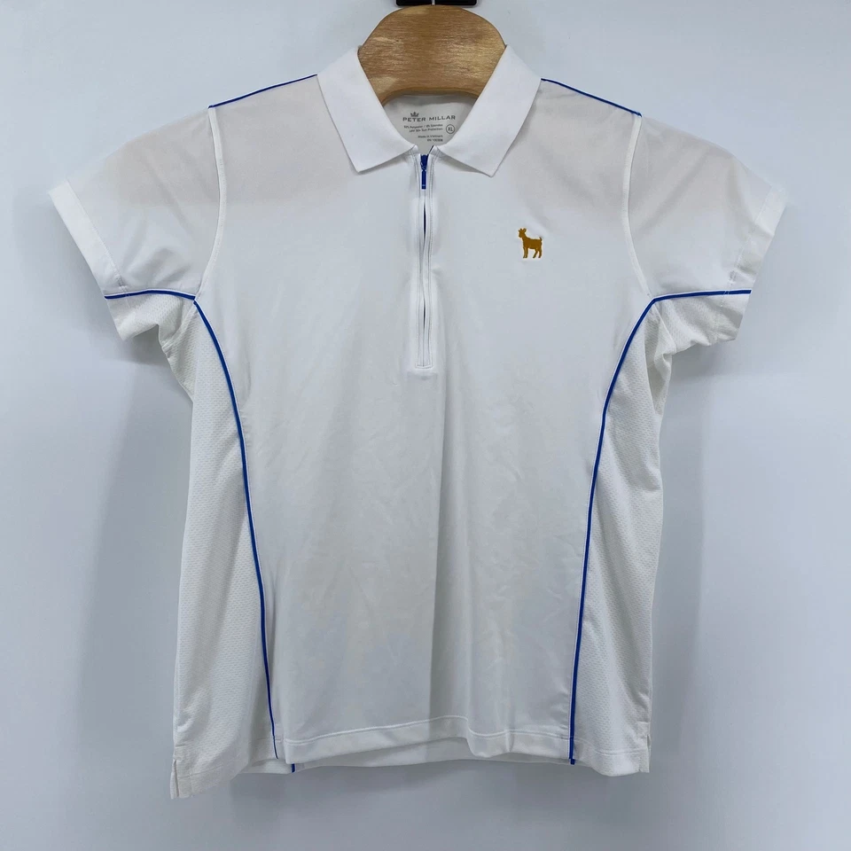 Camisa polo Peter Millar para mujer XL Golden Goat blanca azul cremallera UPF 50+ golf deporte Foto 2 de 4