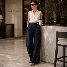 ELIE TAHARI New LINEN BLEND Wide Leg DARK NAVY Trousers ETR31124 97064 Size 10