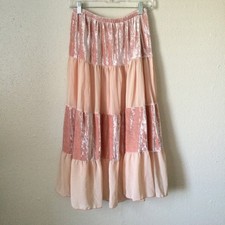 Vintage Y2K Pale Pink Velvet Tiered Midi Skirt SMALL Boho Whimsigoth Fairy