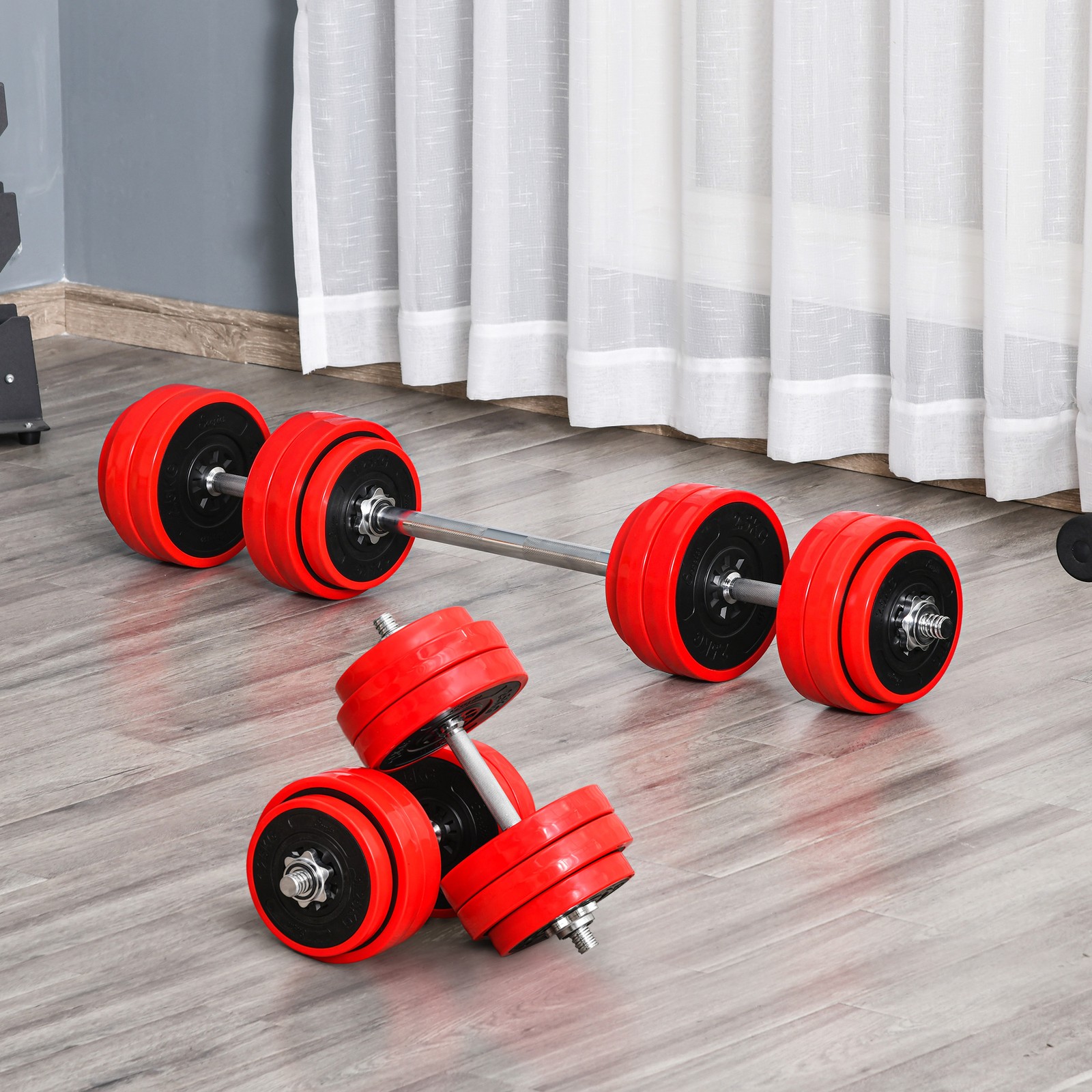 Set di Manubri Pesi 2 in 1 da 30kg, Dischi con Rivestimento in Plastica Antigraf foto 2