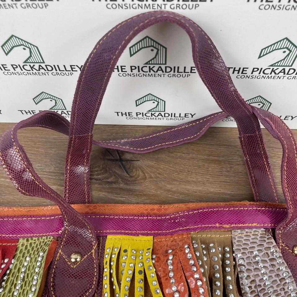 Vibrant Bohemian Fringe Beaded Leather Satchel Tote Bag Colorful Boho Festival - Image 4 of 4