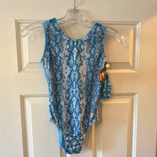 GK Elite Girls AXS Blue Sleeveless Gymnastics Leotard with Scrunchie
