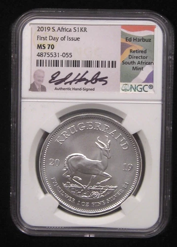 2019 South Africa Silver 1KR Krugerrand NGC MS70 FDOI. Ed HARBUZ Signed w/ box