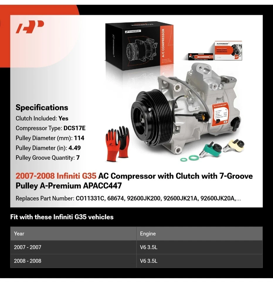 Compresor de aire acondicionado Infiniti G35 2007-08 con embrague con polea de 7 ranuras OEM Foto 2 de 4