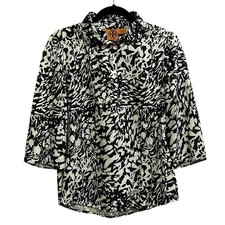 Tory Burch Black & White 100% Silk Double T Logo Tunic Shirt Size 6