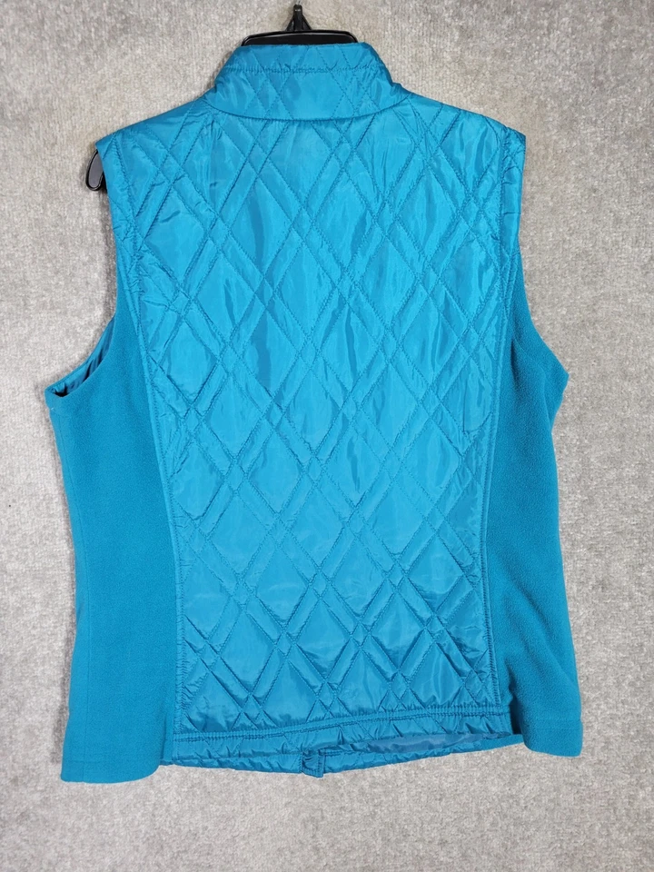 Exertek Quilted Zip Front Vest Womens Size Medium Teal Pockets Fleece Sides - Image 2 of 4