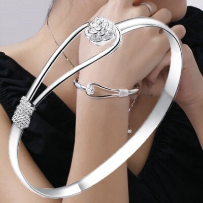 Pulseras De Plata Esterlina Para Mujer Brazalete Fino Y Elegante De Flores Joya