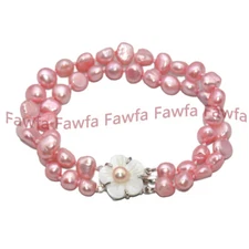 2 Rows 7-8mm Pink Freshwater Baroque Pearl Jewelry Necklace Bracelet Earrings