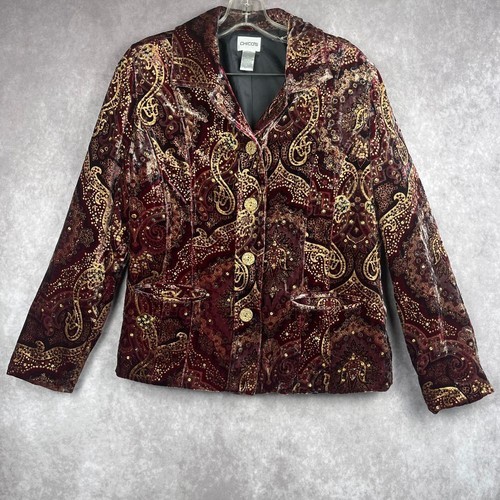Vtg Velvet Blazer Med 90s Y2K Boho Paisley Sequined Jacket Gold Burgundy NWOT