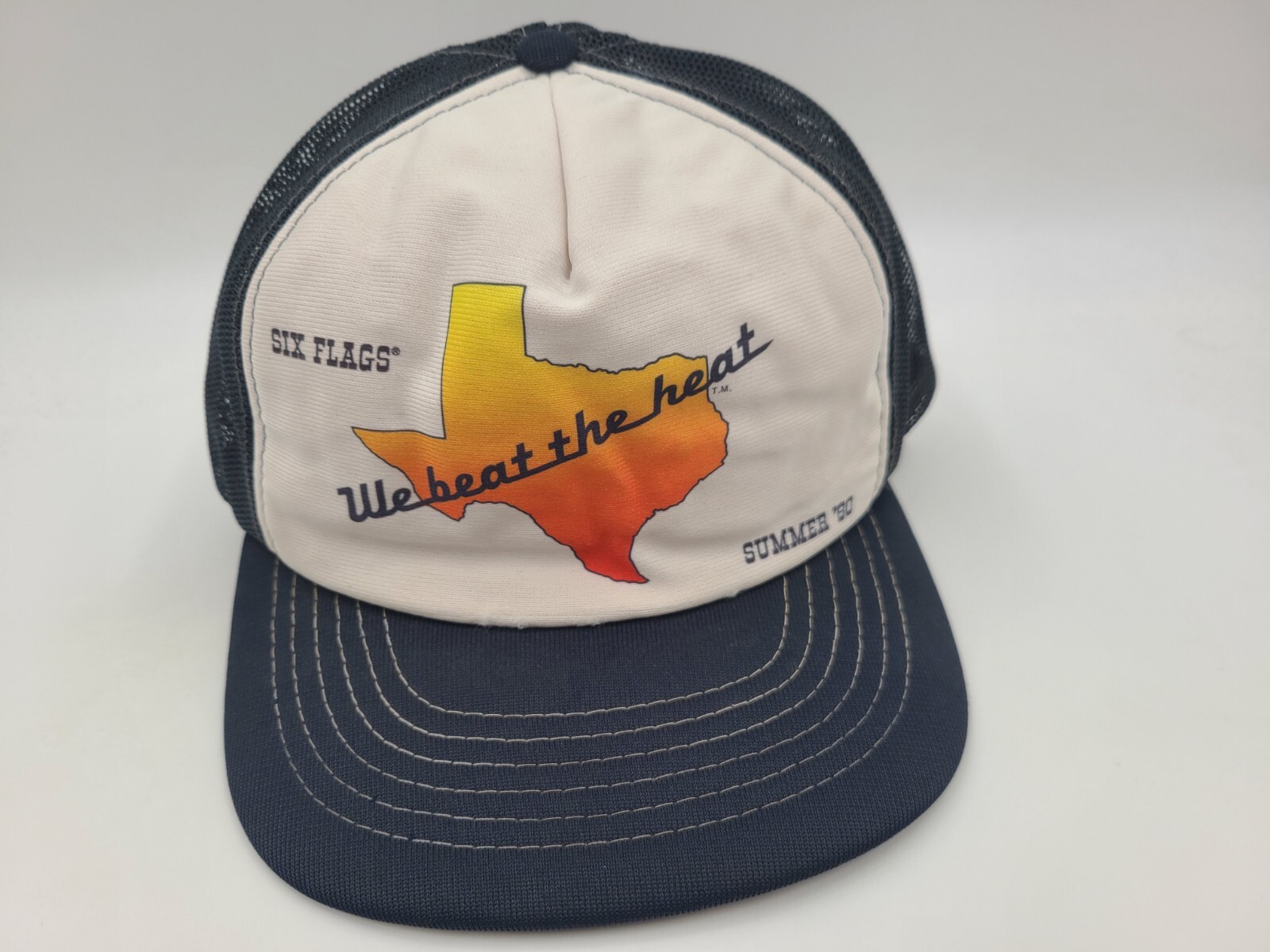 Vintage 1980 Six Flags Texas We Beat The Heat Mesh Snapback Cap for Small Heads  
